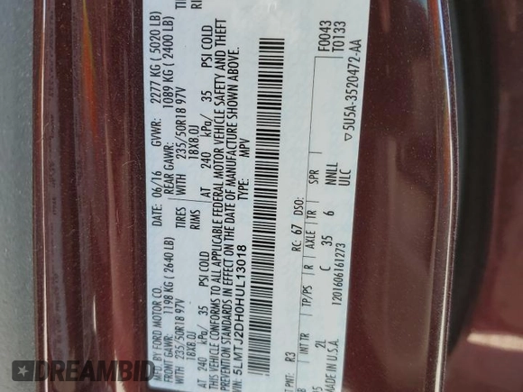 2017 Lincoln MKC Select with VIN 5LMTJ2DH0HUL13018, listed as a Copart auction lot 48191725 with 100,520 mi miles and Salvage title. Bid and sale history available at DreamBid. Image 14.