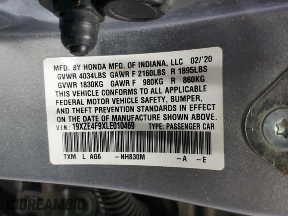 2020 Honda Insight Touring with VIN 19XZE4F9XLE010469, listed as a Copart auction lot 47178905 with 181,769 mi miles and Clean Title. Bid and sale history available at carsss.com. Image 12.