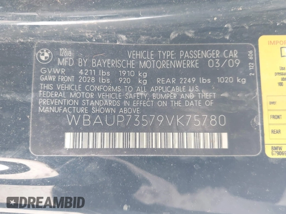 2009 BMW 1 Series 128i with VIN WBAUP73579VK75780, listed as a IAAI auction lot 42198035 with 136,100 mi miles and . Bid and sale history available at carsss.com. Image 12.