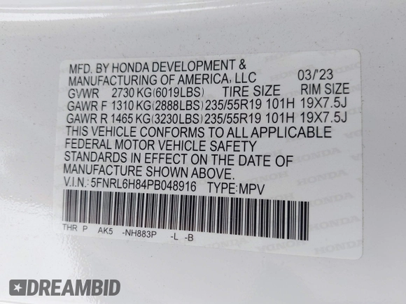 2023 Honda Odyssey Touring with VIN 5FNRL6H84PB048916, listed as a IAAI auction lot 41325052 with 50,290 mi miles and . Bid and sale history available at DreamBid. Image 9.