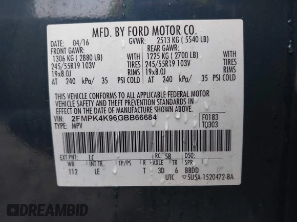 2016 Ford Edge Titanium with VIN 2FMPK4K96GBB66684, listed as a IAAI auction lot 41487600 with 170,238 mi miles. Bid and sale history available at carsss.com. Image 9.