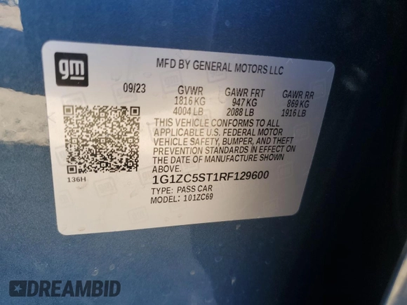 2024 Chevrolet Malibu LS with VIN 1G1ZC5ST1RF129600, listed as a Copart auction lot 47287895 with 9,453 mi miles and Salvage Title. Bid and sale history available at DreamBid. Image 12.