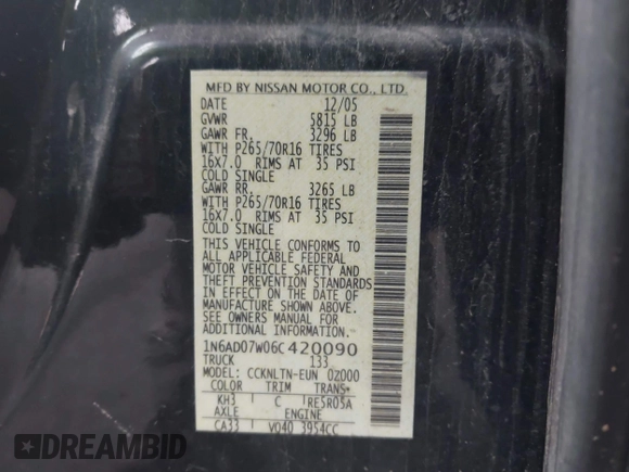 2006 Nissan Frontier SE z VIN 1N6AD07W06C420090, wystawiony jako IAAI lot #41999474 z przebiegiem 112 400 mil mil oraz . Historia ofert i sprzedaży dostępna na DreamBid. Obrazek 9.