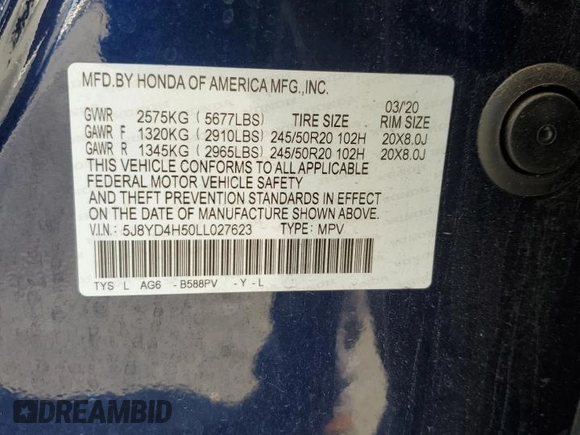 2020 Acura MDX Technology with VIN 5J8YD4H50LL027623, listed as a Copart auction lot 58595345 with 63,332 mi miles and Salvage title. Bid and sale history available at DreamBid. Image 13.