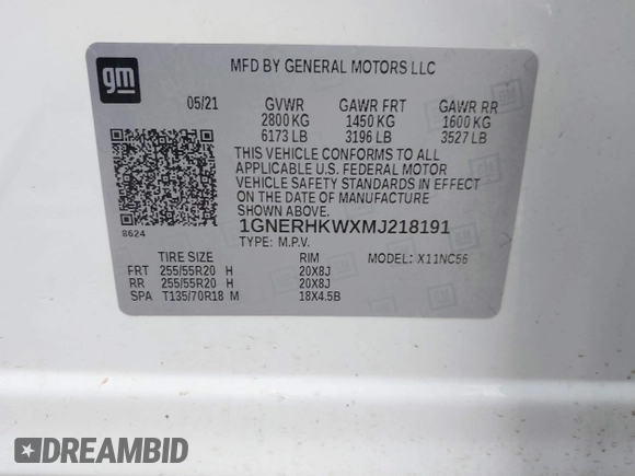 2021 Chevrolet Traverse LT with VIN 1GNERHKWXMJ218191, listed as a IAAI auction lot 41512332 with 87,206 mi miles and . Bid and sale history available at DreamBid. Image 9.
