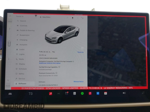 2021 Tesla Model S Long Range with VIN 5YJSA1E57MF453815, listed as a IAAI auction lot 41818700 with 51,176 mi miles and . Bid and sale history available at DreamBid. Image 19.
