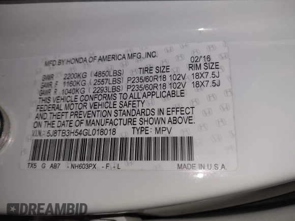 2016 Acura RDX Technology with VIN 5J8TB3H54GL018018, listed as a IAAI auction lot 42282790 with 66,241 mi miles and . Bid and sale history available at DreamBid. Image 9.
