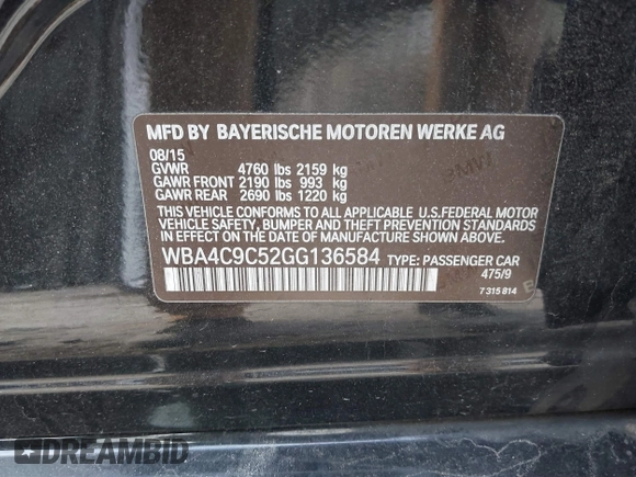 2016 BMW 4 Series 428i xDrive with VIN WBA4C9C52GG136584, listed as a IAAI auction lot 41530110 with 124,667 mi miles and . Bid and sale history available at carsss.com. Image 9.