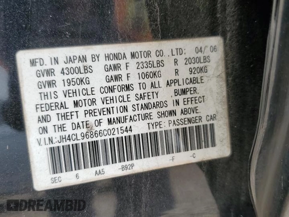 2006 Acura TSX z VIN JH4CL96866C021544, wystawiony jako Copart lot #56927425 z przebiegiem 204 756 mil mil oraz Szkoda całkowita • Salvage title. Historia ofert i sprzedaży dostępna na DreamBid. Obrazek 13.