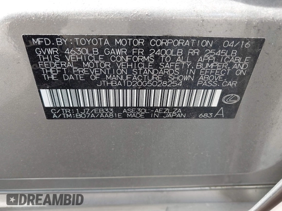 2016 Lexus IS 200t with VIN JTHBA1D20G5028254, listed as a IAAI auction lot 42122090 with 161,090 mi miles and . Bid and sale history available at DreamBid. Image 9.