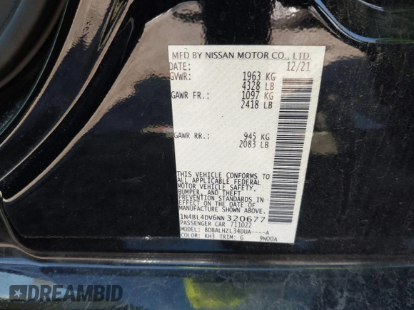 2022 Nissan Altima 2.5 SV with VIN 1N4BL4DV6NN320677, listed as a IAAI auction lot 41636623 with 65,696 mi miles. Bid and sale history available at carsss.com. Image 9.