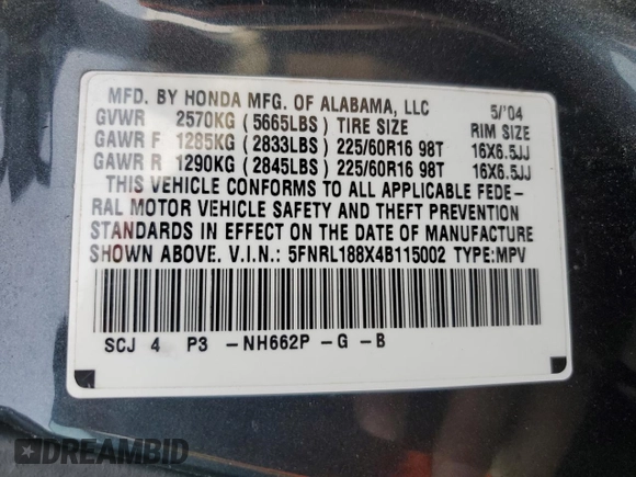 2004 Honda Odyssey EX-RES z VIN 5FNRL188X4B115002, wystawiony jako Copart lot #57883945 z przebiegiem Nie podano mil oraz Szkoda całkowita • Salvage title. Historia ofert i sprzedaży dostępna na DreamBid. Obrazek 13.