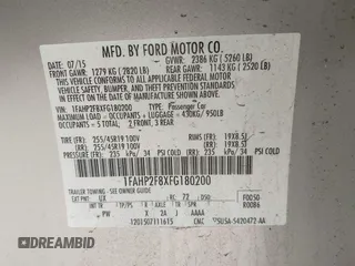 2015 Ford Taurus Limited with VIN 1FAHP2F8XFG180200, listed as a IAAI auction lot 41897113 with Not provided miles and . Bid and sale history available at DreamBid. Image 9.