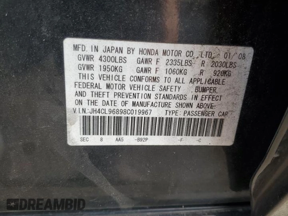 2008 Acura TSX z VIN JH4CL96898C019967, wystawiony jako Copart lot #55044345 z przebiegiem 164 859 mil mil oraz Szkoda całkowita • Salvage title. Historia ofert i sprzedaży dostępna na DreamBid. Obrazek 12.