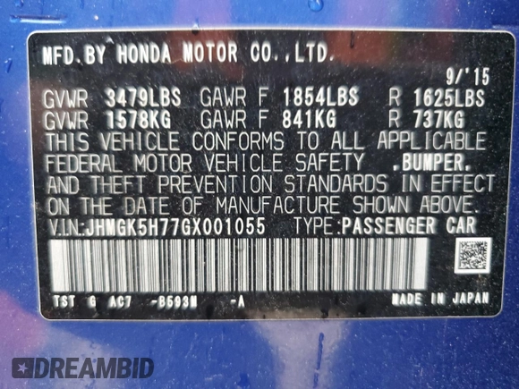 2016 Honda Fit EX with VIN JHMGK5H77GX001055, listed as a Copart auction lot 54248615 with 81,912 mi miles and Clean title. Bid and sale history available at DreamBid. Image 13.