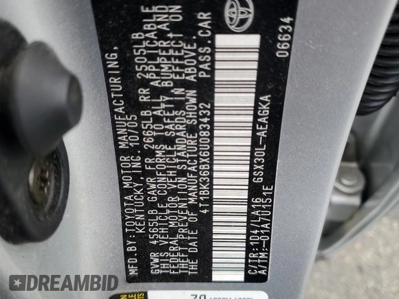 2006 Toyota Avalon XL with VIN 4T1BK36BX6U083432, listed as a Copart auction lot 55247975 with 89,245 mi miles and Salvage title. Bid and sale history available at DreamBid. Image 12.