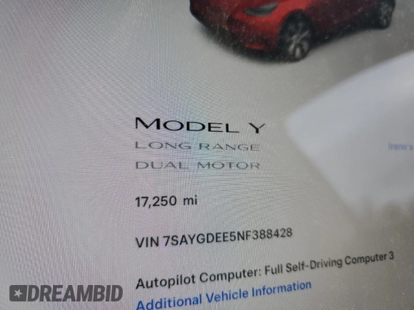 2022 Tesla Model Y Long Range z VIN 7SAYGDEE5NF388428, wystawiony jako Copart lot #56671385 z przebiegiem 17 250 mil mil oraz Szkody całkowita. Historia ofert i sprzedaży dostępna na DreamBid. Obrazek 9.