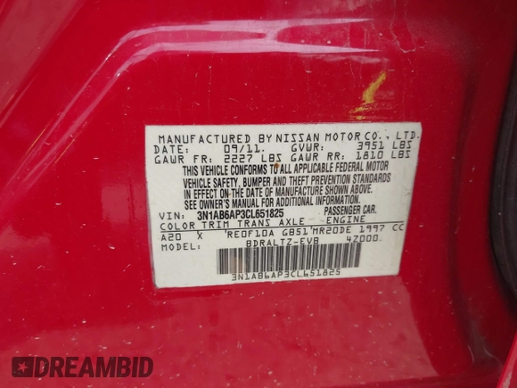 2012 Nissan Sentra S z VIN 3N1AB6AP3CL651825, wystawiony jako IAAI lot #42105035 z przebiegiem 193 890 mil mil oraz . Historia ofert i sprzedaży dostępna na DreamBid. Obrazek 9.