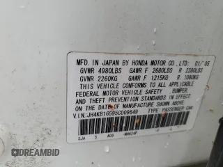 2005 Acura RL with VIN JH4KB16595C009649, listed as a Copart auction lot 60784325 with 203,735 mi miles and Salvage title. Bid and sale history available at DreamBid. Image 12.