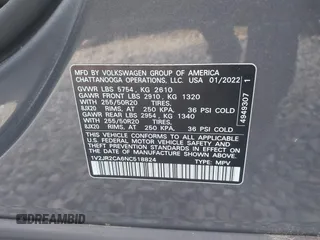 2022 Volkswagen Atlas SE with VIN 1V2JR2CA6NC518824, listed as a IAAI auction lot 42334150 with 88,184 mi miles and . Bid and sale history available at DreamBid. Image 9.