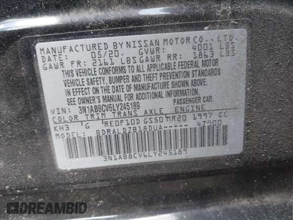 2020 Nissan Sentra SV with VIN 3N1AB8CV6LY245189, listed as a IAAI auction lot 41964894 with 53,400 mi miles. Bid and sale history available at carsss.com. Image 9.