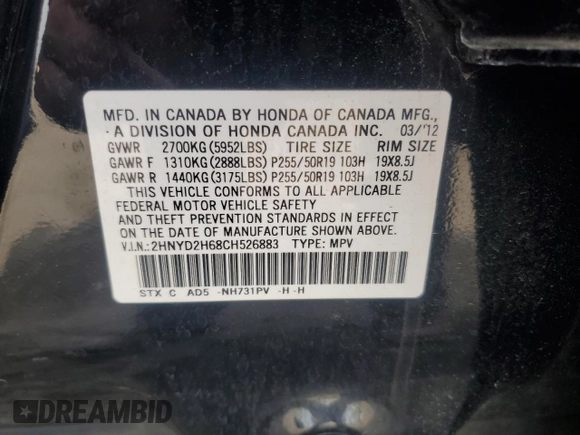 2012 Acura MDX Advance with VIN 2HNYD2H68CH526883, listed as a Copart auction lot 54372375 with 224,054 mi miles and Salvage title. Bid and sale history available at DreamBid. Image 13.