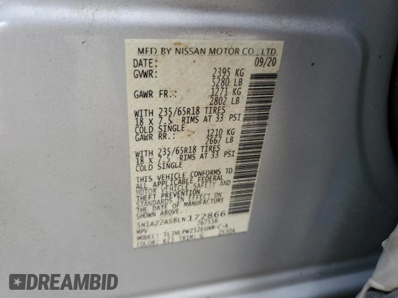 2020 Nissan Murano S z VIN 5N1AZ2AS8LN172866, wystawiony jako Copart lot #55900655 z przebiegiem 46 980 mil mil oraz Szkoda całkowita • Salvage title. Historia ofert i sprzedaży dostępna na DreamBid. Obrazek 13.