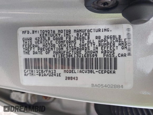 2003 Toyota Camry LE with VIN 4T1BE30K13U168509, listed as a IAAI auction lot 42220735 with 210,328 mi miles and . Bid and sale history available at DreamBid. Image 9.