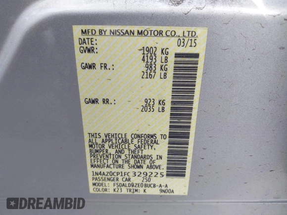 2015 Nissan LEAF SV with VIN 1N4AZ0CP1FC329225, listed as a IAAI auction lot 41403177 with 84,849 mi miles. Bid and sale history available at carsss.com. Image 9.
