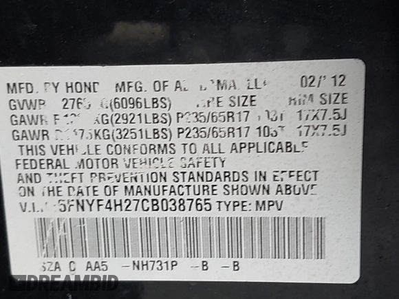 2012 Honda Pilot LX with VIN 5FNYF4H27CB038765, listed as a IAAI auction lot 41963157 with 209,965 mi miles and . Bid and sale history available at carsss.com. Image 9.