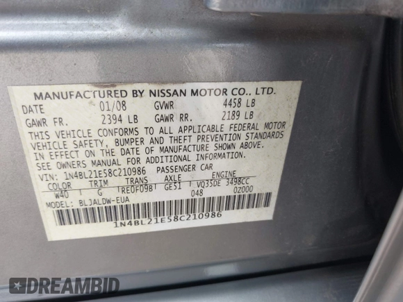 2008 Nissan Altima SE z VIN 1N4BL21E58C210986, wystawiony jako IAAI lot #42322119 z przebiegiem 154 546 mil mil oraz . Historia ofert i sprzedaży dostępna na DreamBid. Obrazek 9.