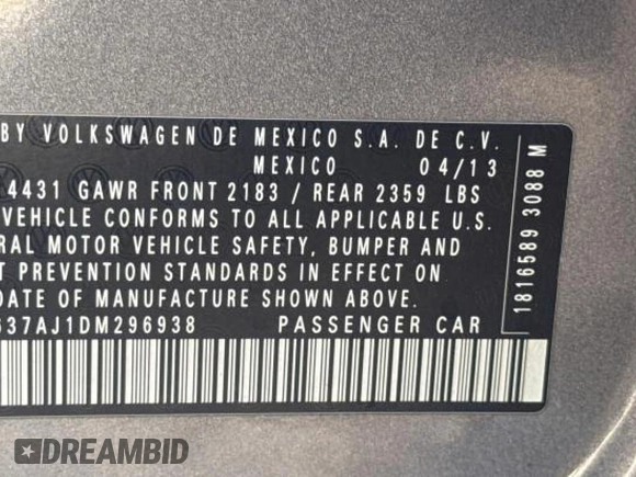 2013 Volkswagen Jetta Hybrid SE с VIN 3VW637AJ1DM296938, выставлен на аукционе Copart как лот 43277665 с пробегом Не указан миль и Чистый • Clean title. История ставок и продаж доступна на DreamBid. Изображение 10.