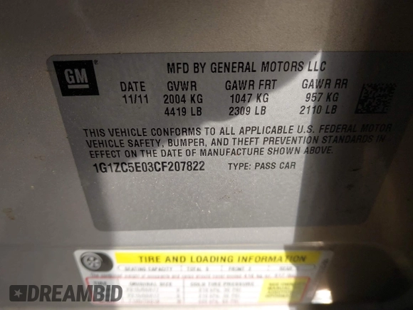 2012 Chevrolet Malibu 1LT with VIN 1G1ZC5E03CF207822, listed as a IAAI auction lot 42208010 with 259,308 mi miles and . Bid and sale history available at DreamBid. Image 9.
