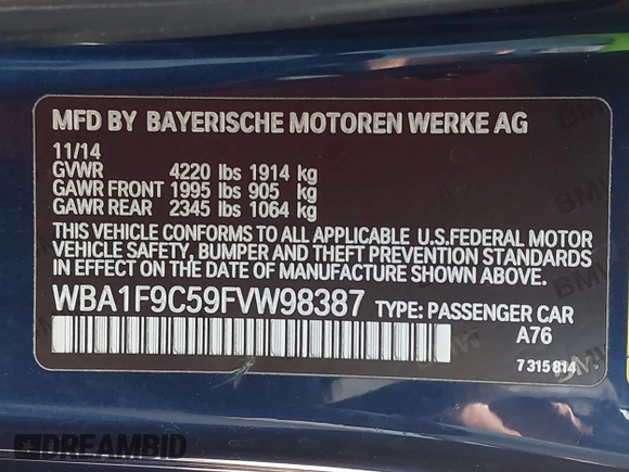 2015 BMW 2 Series 228i with VIN WBA1F9C59FVW98387, listed as a IAAI auction lot 42518807 with 79,848 mi miles and . Bid and sale history available at DreamBid. Image 9.