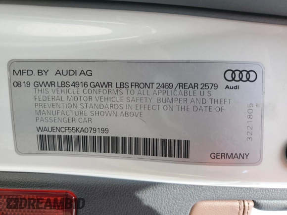 2019 Audi A5 Sportback Premium Plus with VIN WAUENCF55KA079199, listed as a Copart auction lot 65659223 with 24,049 mi miles. Bid and sale history available at carsss.com. Image 13.