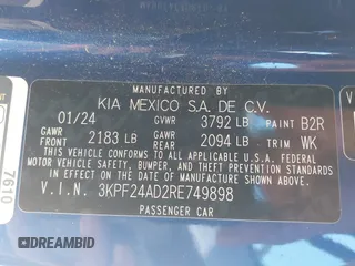 2024 Kia Forte LXS with VIN 3KPF24AD2RE749898, listed as a IAAI auction lot 41620623 with 4,378 mi miles and . Bid and sale history available at DreamBid. Image 9.
