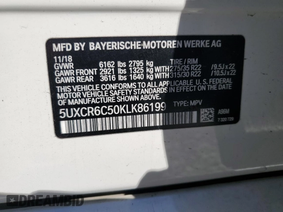 2019 BMW X5 xDrive40i with VIN 5UXCR6C50KLK86199, listed as a Copart auction lot 47523305 with 76,924 mi miles and Salvage Title. Bid and sale history available at DreamBid. Image 12.