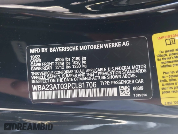 2023 BMW 4 Series 430i with VIN WBA23AT03PCL81706, listed as a IAAI auction lot 42534918 with 42,362 mi miles and . Bid and sale history available at DreamBid. Image 9.