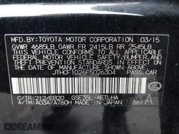 2015 Lexus IS 250 with VIN JTHCF1D26F5026304, listed as a IAAI auction lot 42657280 with 83,267 mi miles and . Bid and sale history available at DreamBid. Image 9.