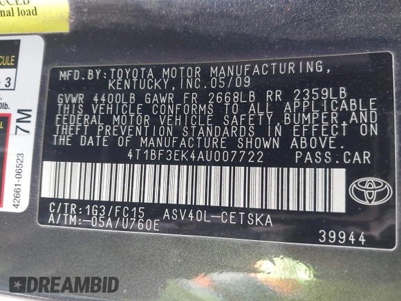 2010 Toyota Camry with VIN 4T1BF3EK4AU007722, listed as a IAAI auction lot 41939501 with 180,454 mi miles and . Bid and sale history available at DreamBid. Image 9.