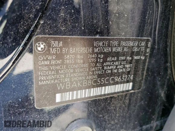 2012 BMW 7 Series 750Li с VIN WBAKB8C55CC963274, выставлен на аукционе Copart как лот 47460725 с пробегом 165 453 миль миль и Чистый • Clean title. История ставок и продаж доступна на DreamBid. Изображение 12.