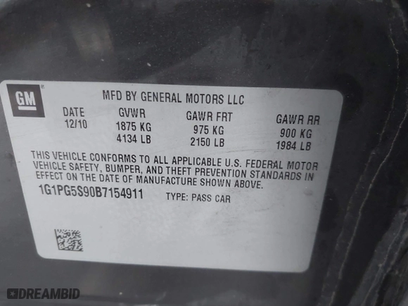 2011 Chevrolet Cruze LT w/2LT with VIN 1G1PG5S90B7154911, listed as a IAAI auction lot 41908415 with 172,826 mi miles. Bid and sale history available at carsss.com. Image 9.