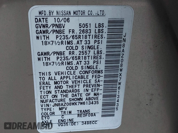2007 Nissan Murano SL z VIN JN8AZ08WX7W613435, wystawiony jako IAAI lot #42477199 z przebiegiem 129 000 mil mil oraz . Historia ofert i sprzedaży dostępna na DreamBid. Obrazek 9.