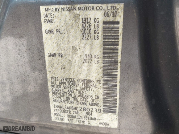 2017 Nissan Altima 2.5 SR with VIN 1N4AL3AP6HC280239, listed as a IAAI auction lot 41797573 with 183,638 mi miles. Bid and sale history available at carsss.com. Image 9.