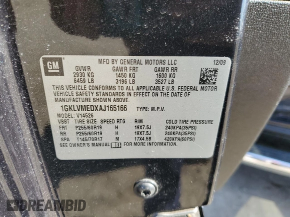2010 GMC Acadia SLT1 with VIN 1GKLVMEDXAJ165166, listed as a Copart auction lot 48180465 with 151,405 mi miles and Salvage Title. Bid and sale history available at carsss.com. Image 13.
