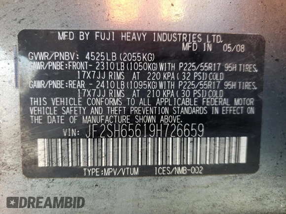 2009 Subaru Forester with VIN JF2SH65619H726659, listed as a Copart auction lot 53673495 with Not provided miles and Salvage title. Bid and sale history available at DreamBid. Image 13.