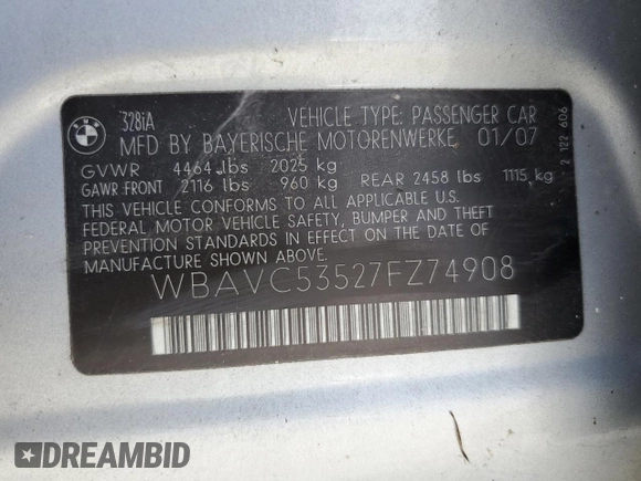 2007 BMW 3 Series 328i z VIN WBAVC53527FZ74908, wystawiony jako Copart lot #56956845 z przebiegiem Nie podano mil oraz Czysty tytuł • Clean title. Historia ofert i sprzedaży dostępna na DreamBid. Obrazek 12.