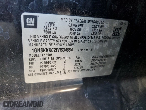 2015 Chevrolet Suburban LTZ with VIN 1GNSKKKC2FR634654, listed as a Copart auction lot 50337415 with 150,255 mi miles and Salvage Title. Bid and sale history available at DreamBid. Image 15.