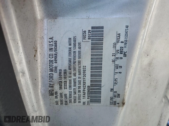 2000 Ford Mustang GT z VIN 1FAFP42X8YF309852, wystawiony jako Copart lot #57959605 z przebiegiem 251 001 mil mil oraz Szkoda całkowita • Salvage title. Historia ofert i sprzedaży dostępna na DreamBid. Obrazek 12.