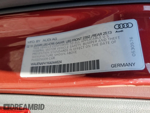 2019 Audi A4 Premium Plus with VIN WAUENAF41KA044624, listed as a Copart auction lot 50043695 with 12,368 mi miles and Salvage Title. Bid and sale history available at carsss.com. Image 14.